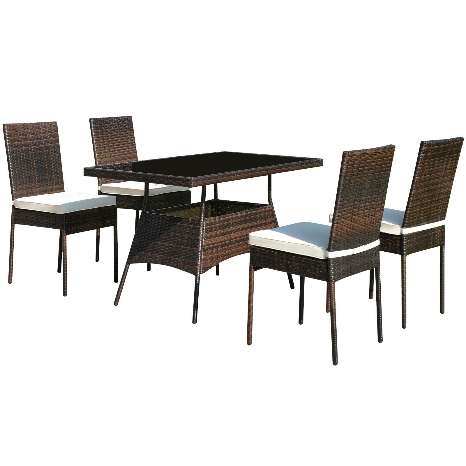 5 Pieces Rattan Dining Set with Glass Table and High Back Chair