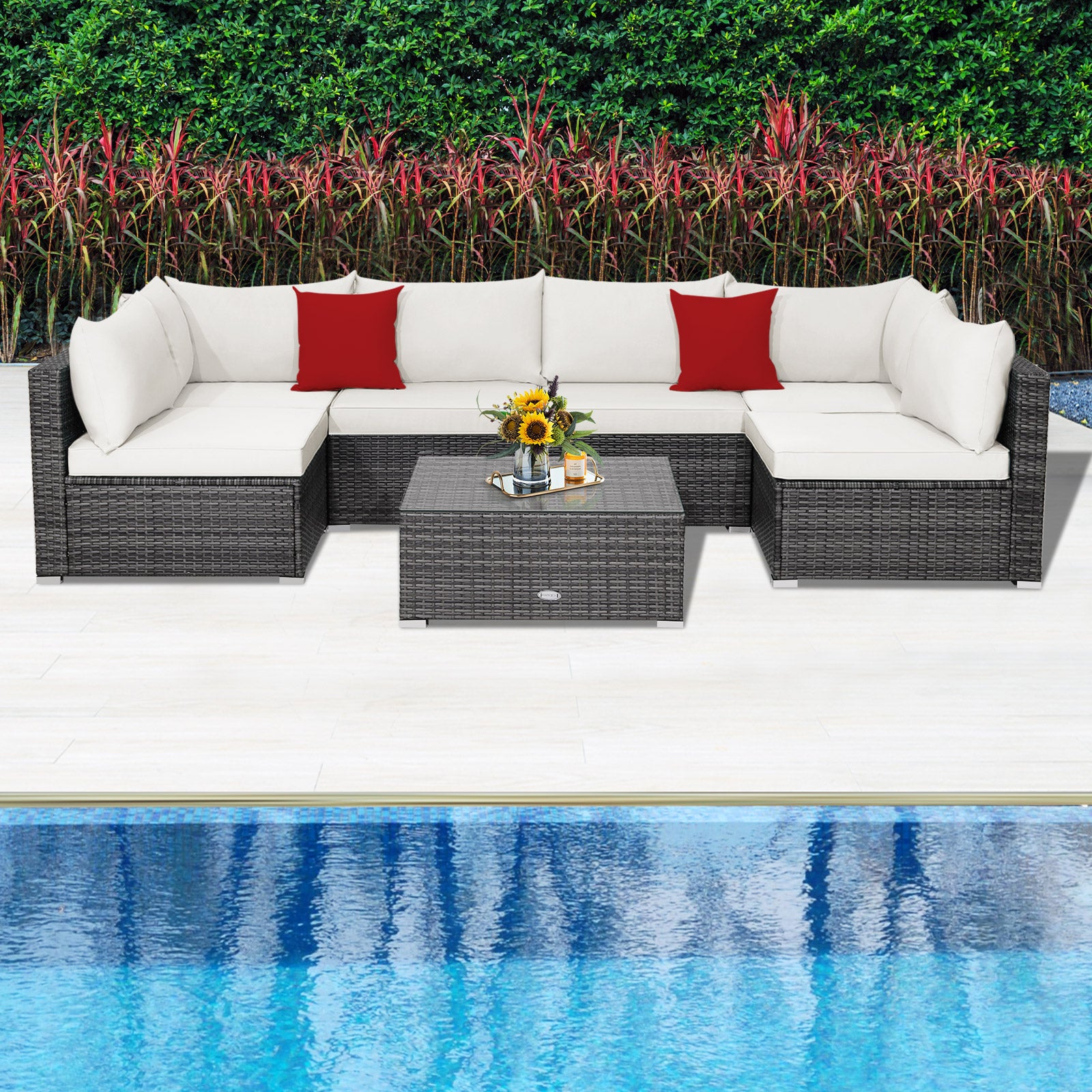 7 Pieces Patio Rattan Furniture Set Sectional Sofa Garden Cushion
