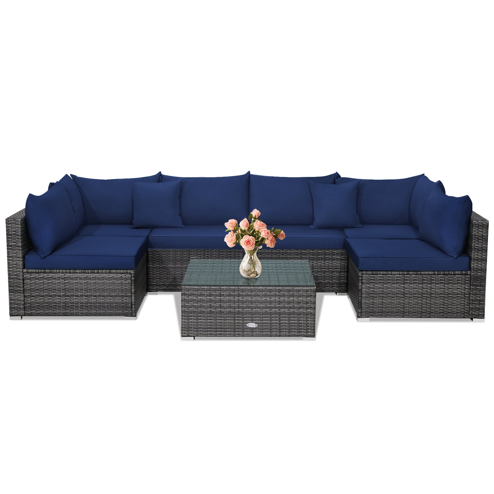 7 Pieces Patio Rattan Furniture Set Sectional Sofa Garden Cushion