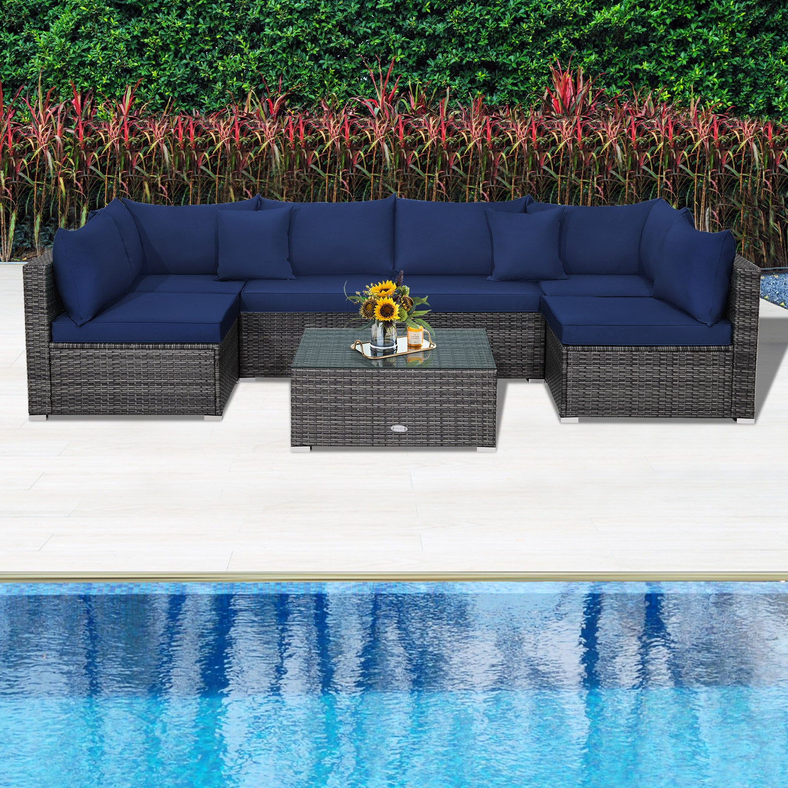 7 Pieces Patio Rattan Furniture Set Sectional Sofa Garden Cushion