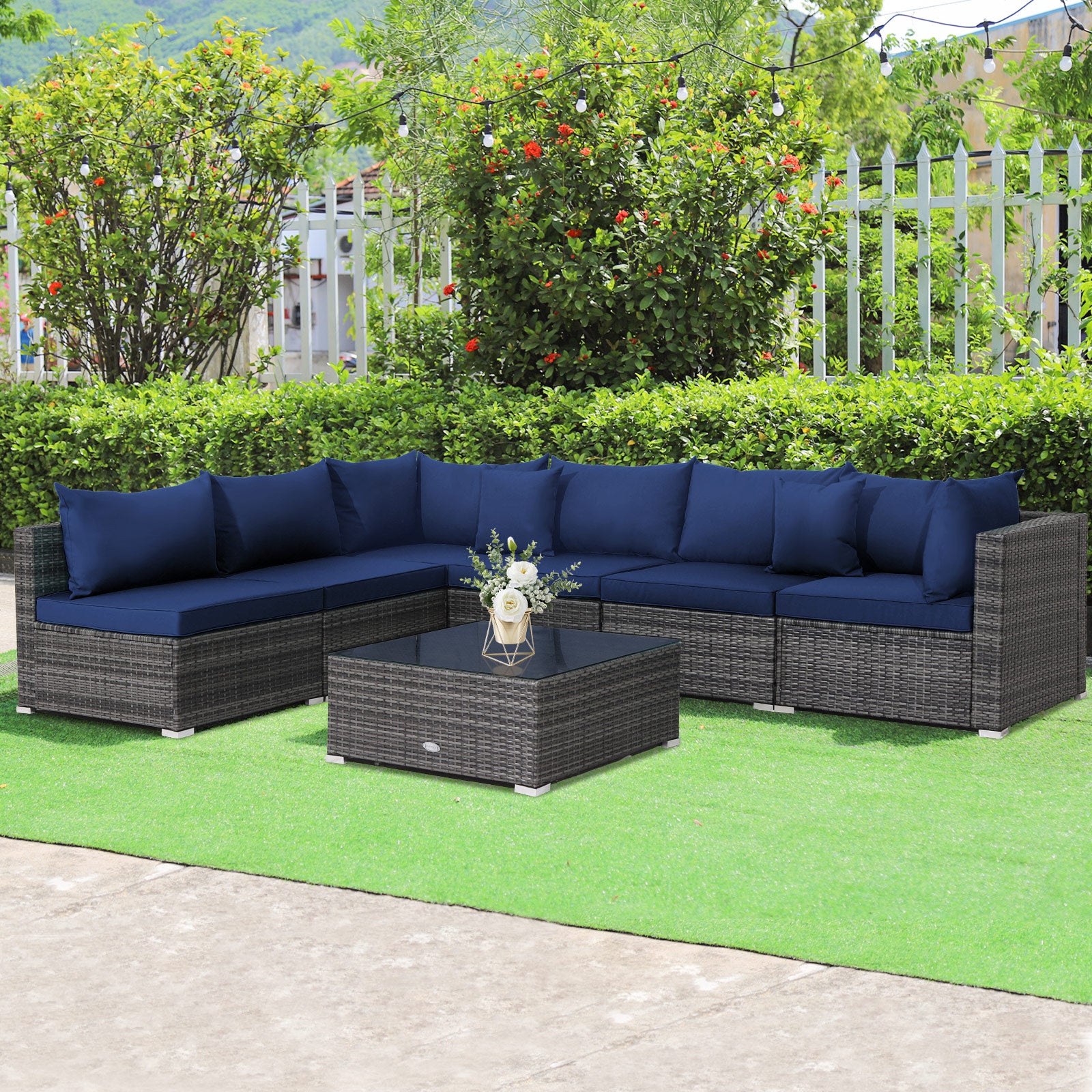 7 Pieces Patio Rattan Furniture Set Sectional Sofa Garden Cushion