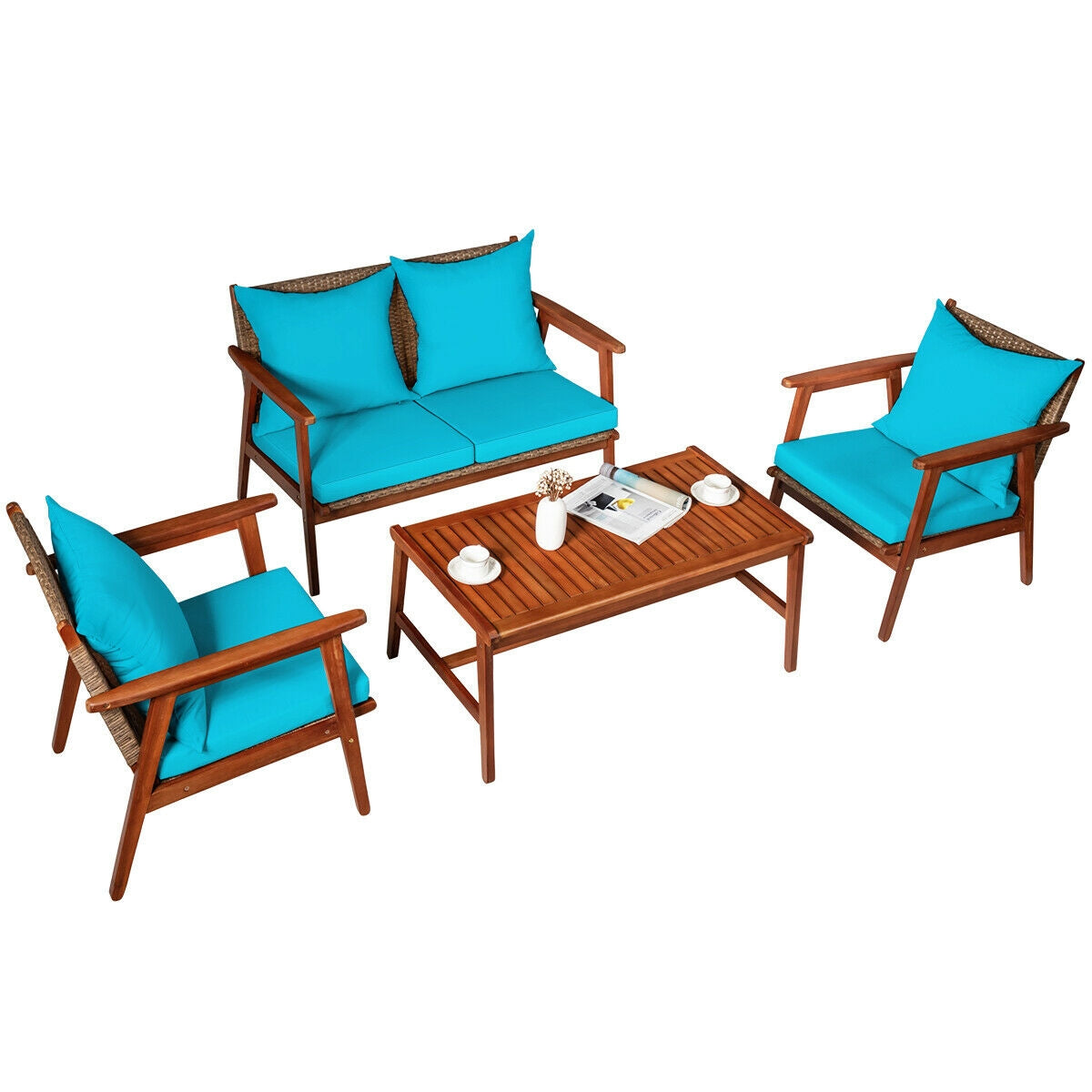 4 Piece Acacia Wood Patio Rattan Furniture Set