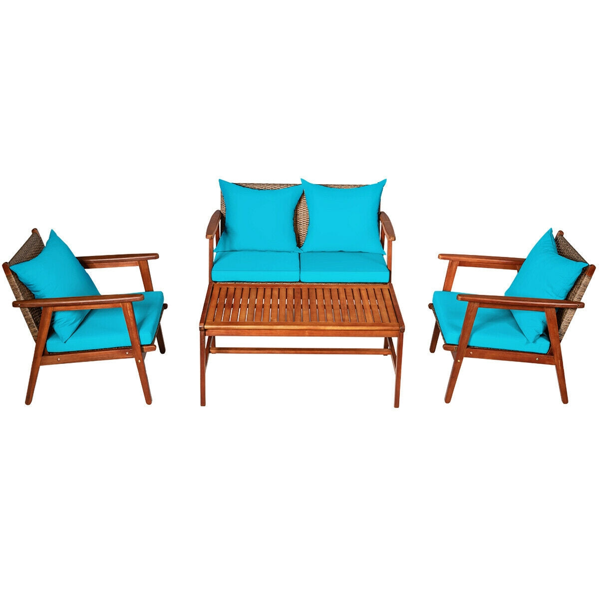 4 Piece Acacia Wood Patio Rattan Furniture Set
