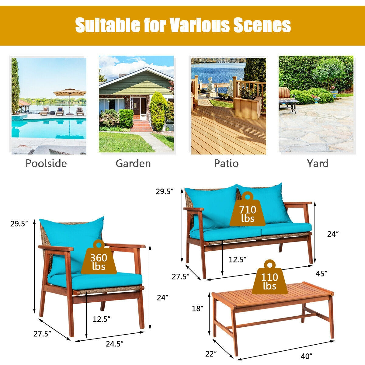 4 Piece Acacia Wood Patio Rattan Furniture Set