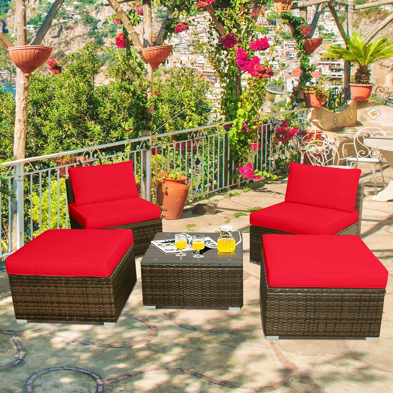 5 Pieces Patio Rattan Furniture Set with Cushioned Armless Sofa
