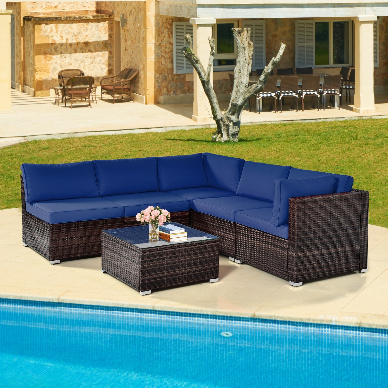 6 Pieces Patio Rattan Furniture Set with Cushions and Glass Coffee Table