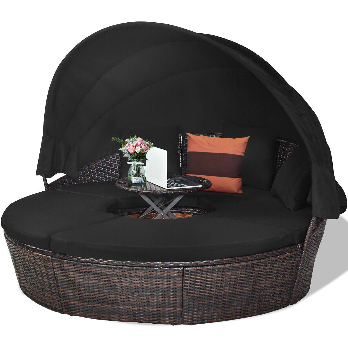 Patio Round Rattan Daybed with Retractable Coffee Table and Canopy