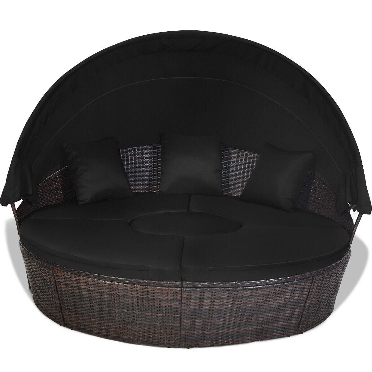 Patio Round Rattan Daybed with Retractable Coffee Table and Canopy