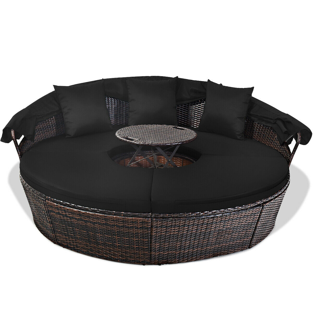 Patio Round Rattan Daybed with Retractable Coffee Table and Canopy
