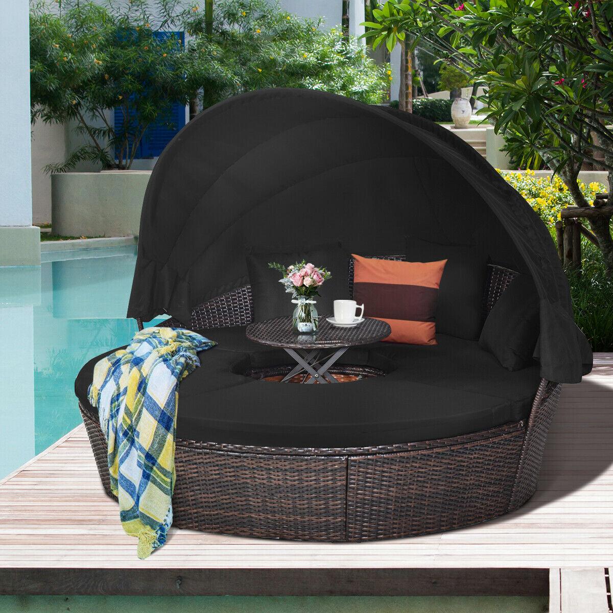 Patio Round Rattan Daybed with Retractable Coffee Table and Canopy