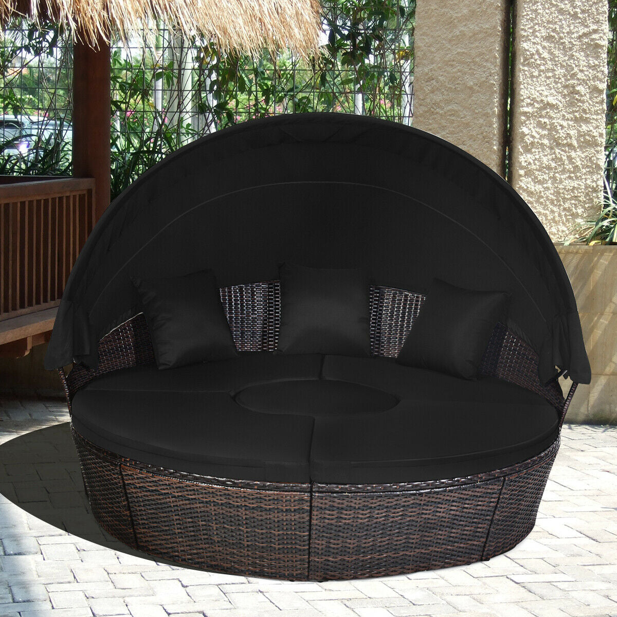 Patio Round Rattan Daybed with Retractable Coffee Table and Canopy