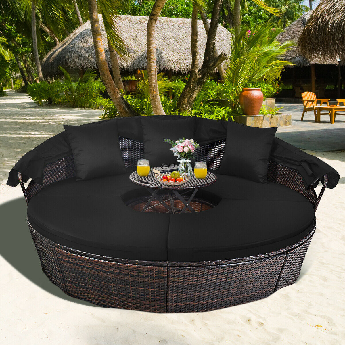 Patio Round Rattan Daybed with Retractable Coffee Table and Canopy