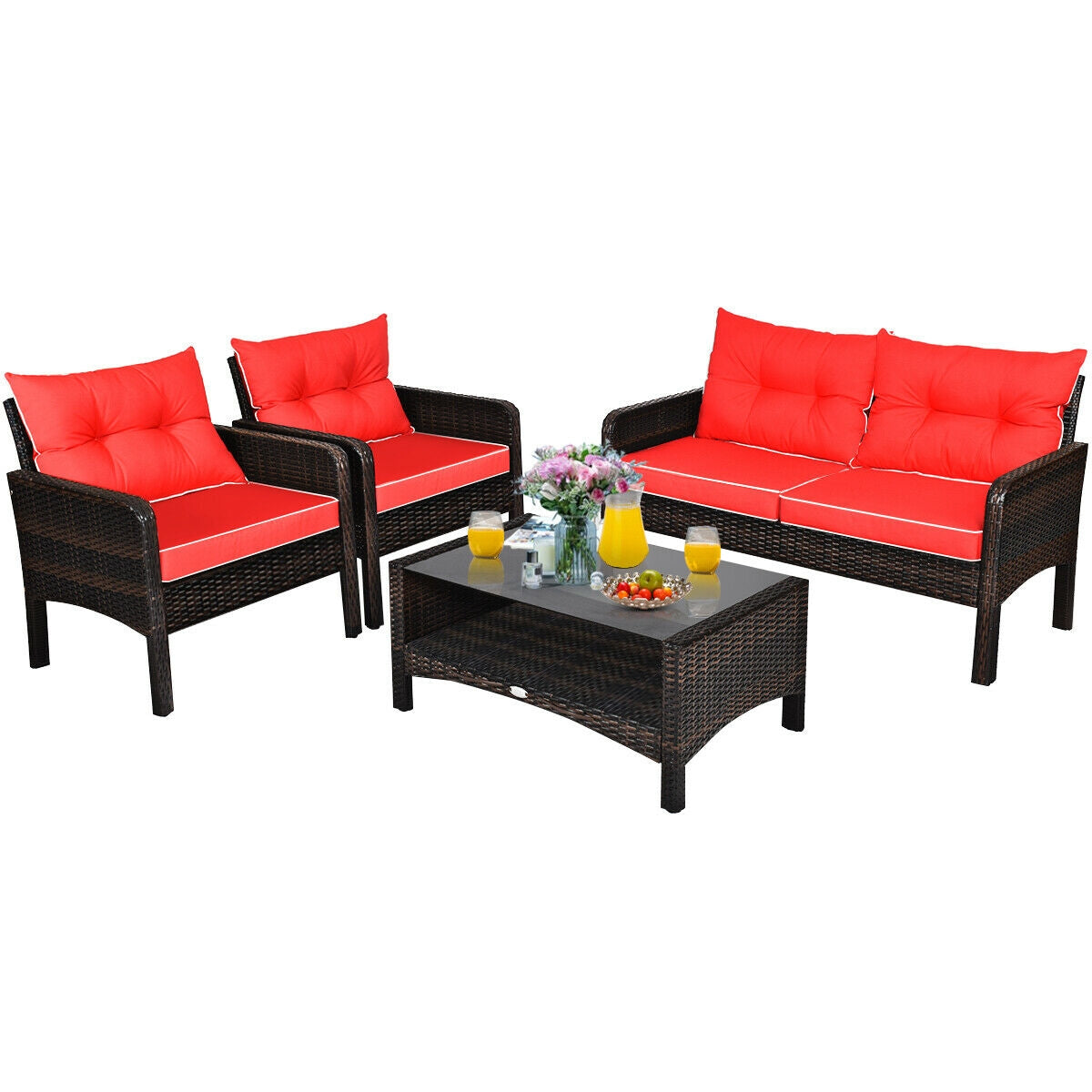 4 Pcs Outdoor Rattan Wicker Loveseat Furniture Set with Cushions