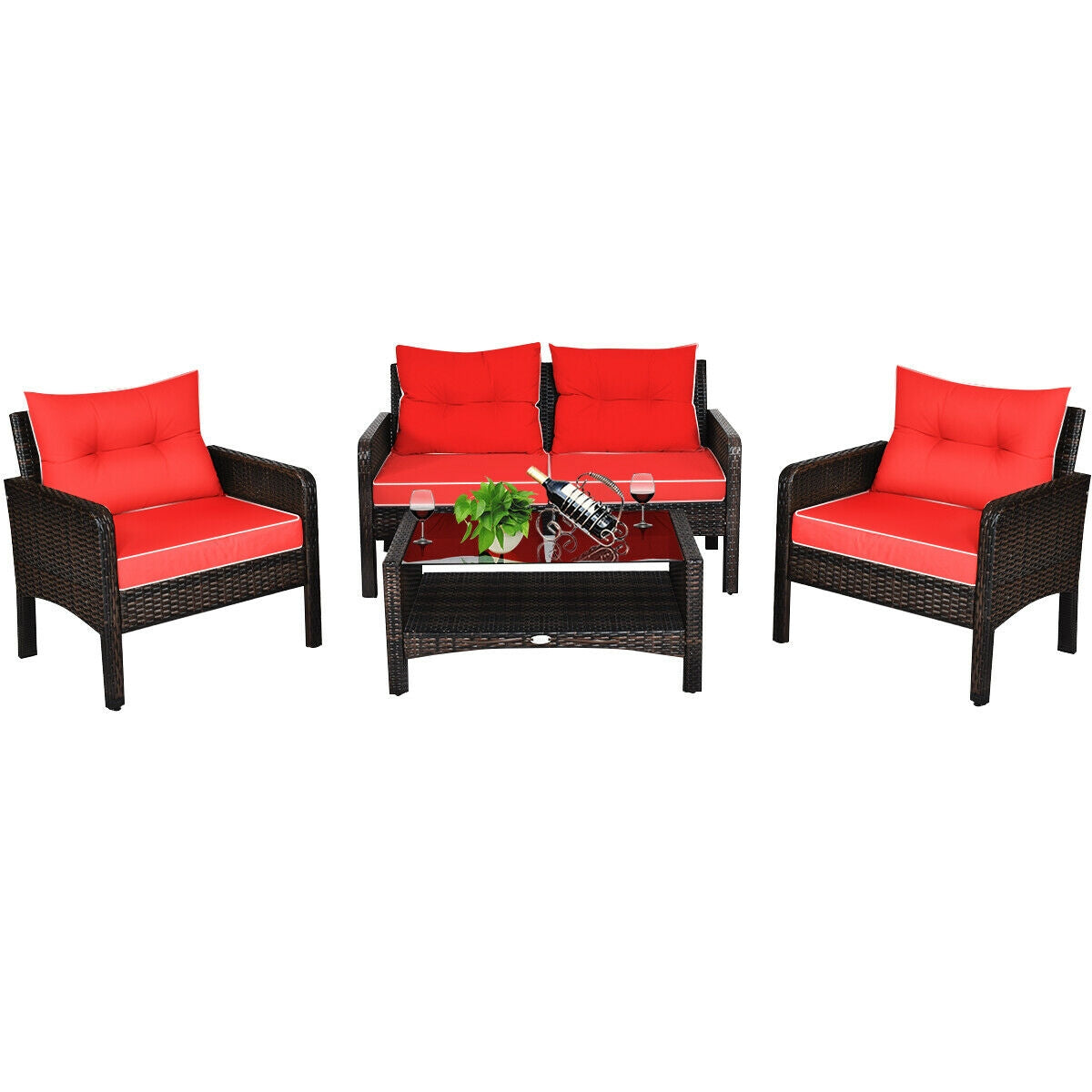 4 Pcs Outdoor Rattan Wicker Loveseat Furniture Set with Cushions