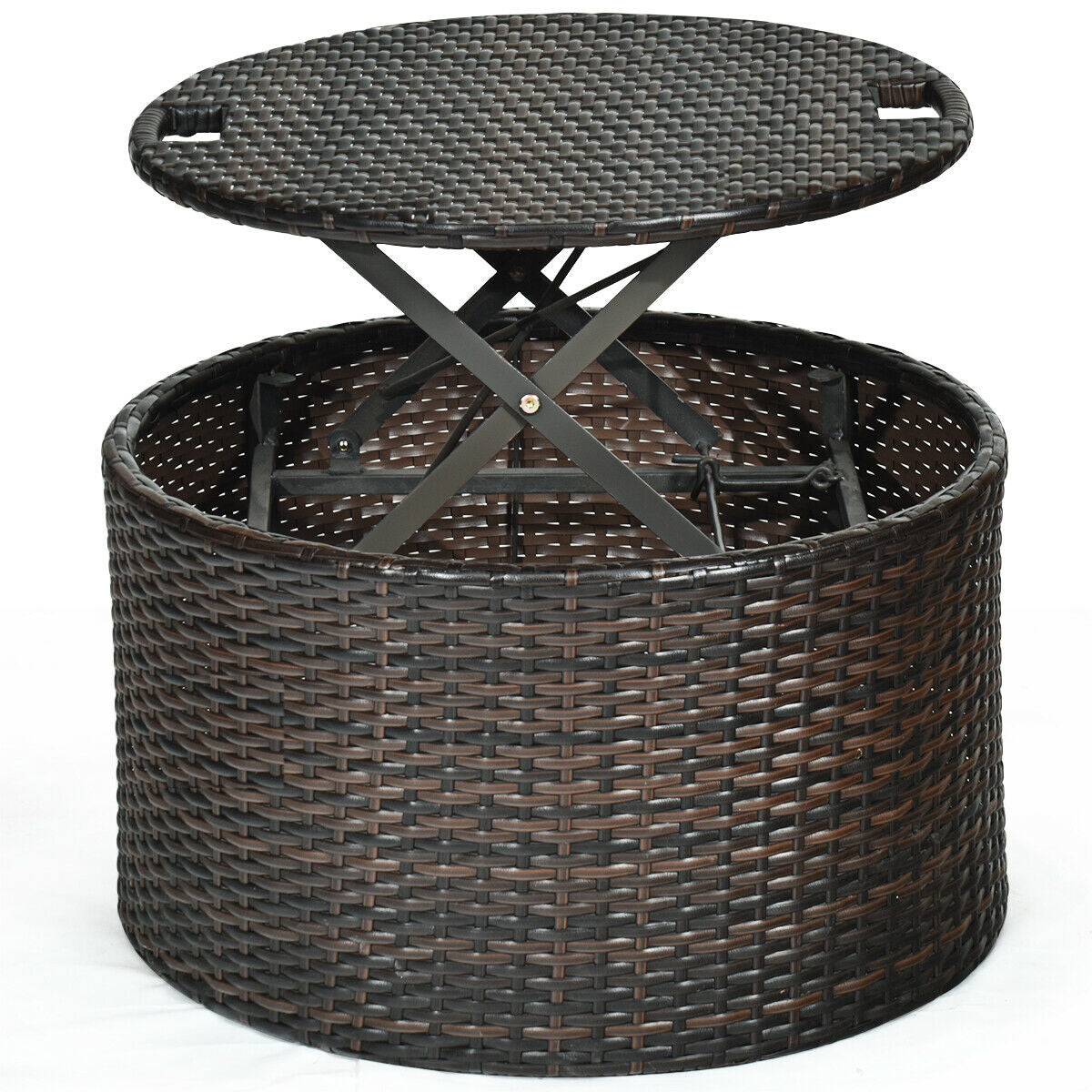 Patio Round Rattan Daybed with Retractable Coffee Table and Canopy