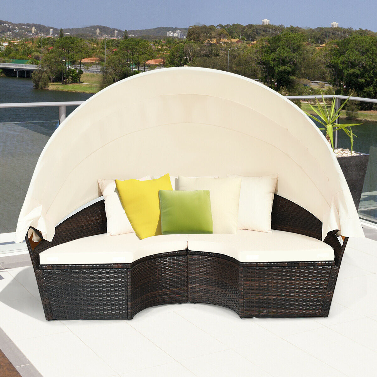 Patio Round Rattan Daybed with Retractable Coffee Table and Canopy