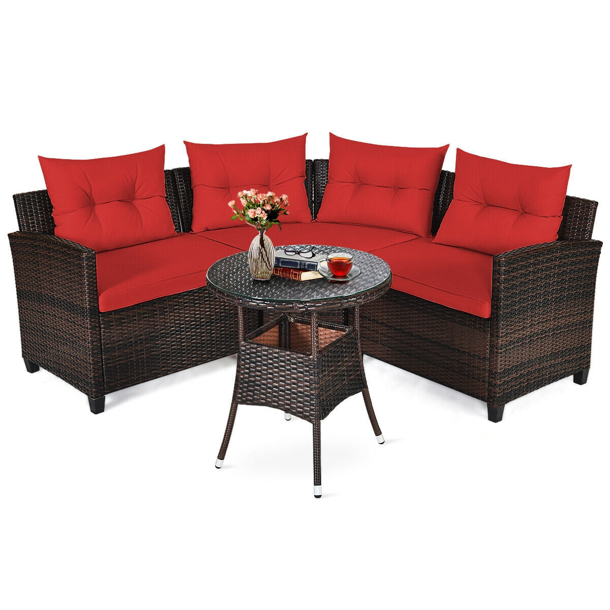 4 Pcs Outdoor Cushioned Rattan Furniture Set