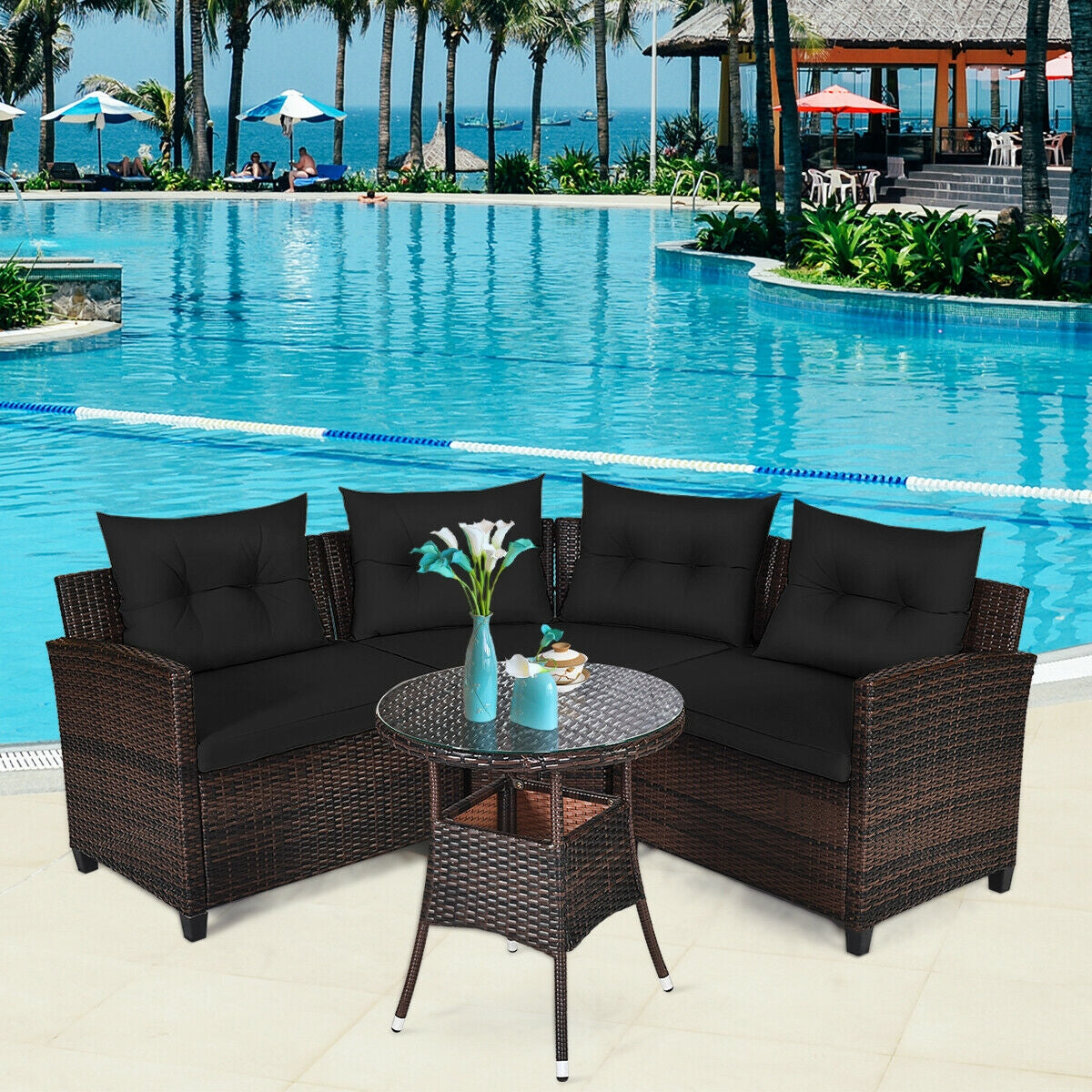 4 Pcs Outdoor Cushioned Rattan Furniture Set