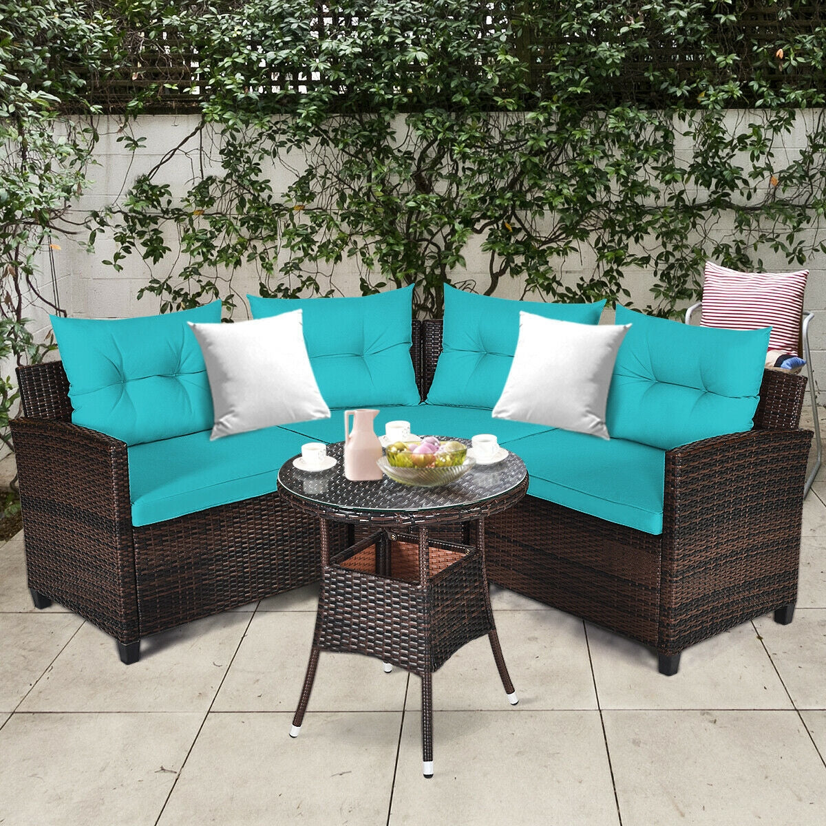 4 Pcs Outdoor Cushioned Rattan Furniture Set