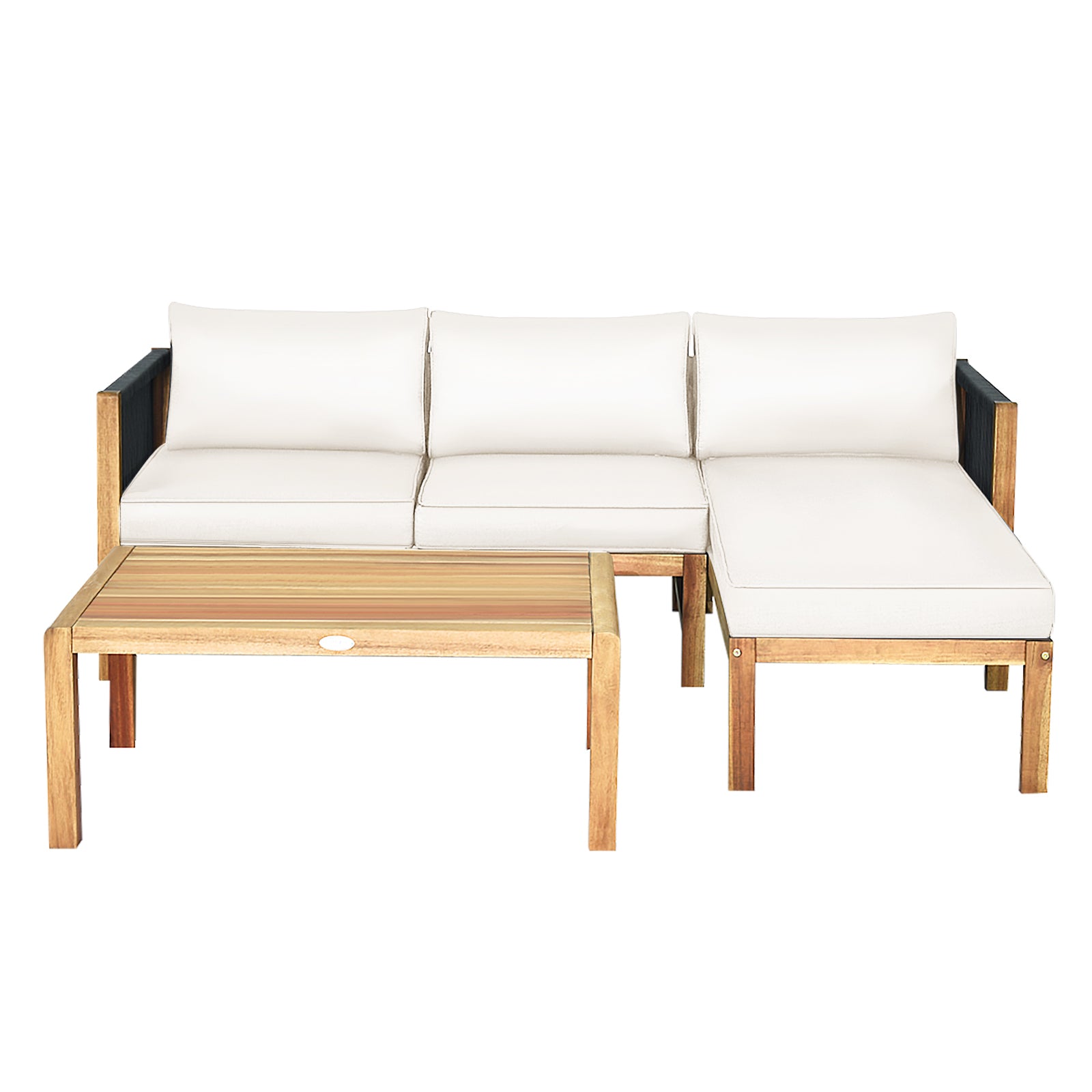 3 Pieces Patio Acacia Wood Sofa Furniture Set with Nylon Rope Armrest