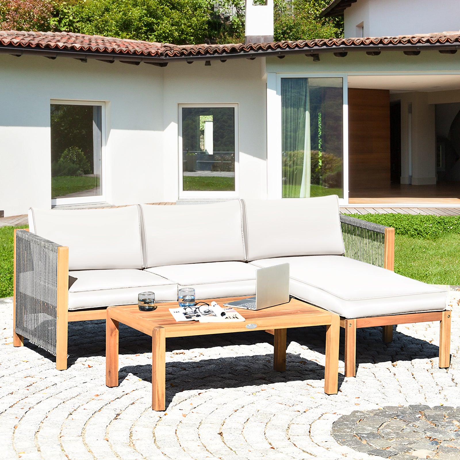 3 Pieces Patio Acacia Wood Sofa Furniture Set with Nylon Rope Armrest