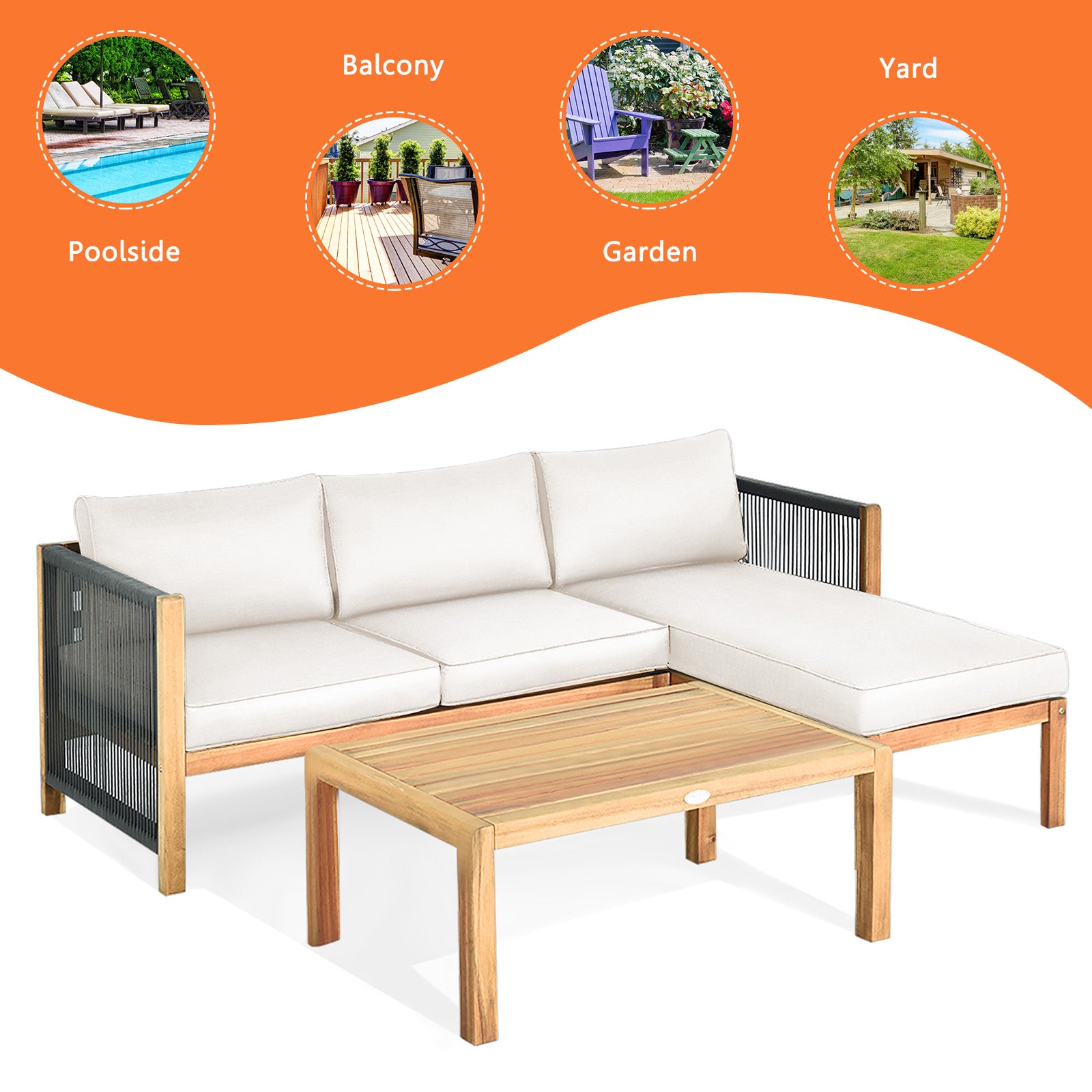 3 Pieces Patio Acacia Wood Sofa Furniture Set with Nylon Rope Armrest