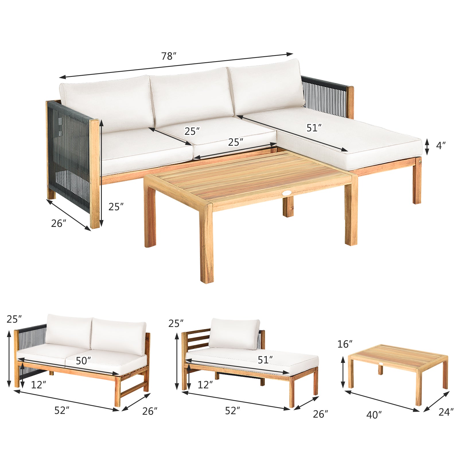 3 Pieces Patio Acacia Wood Sofa Furniture Set with Nylon Rope Armrest