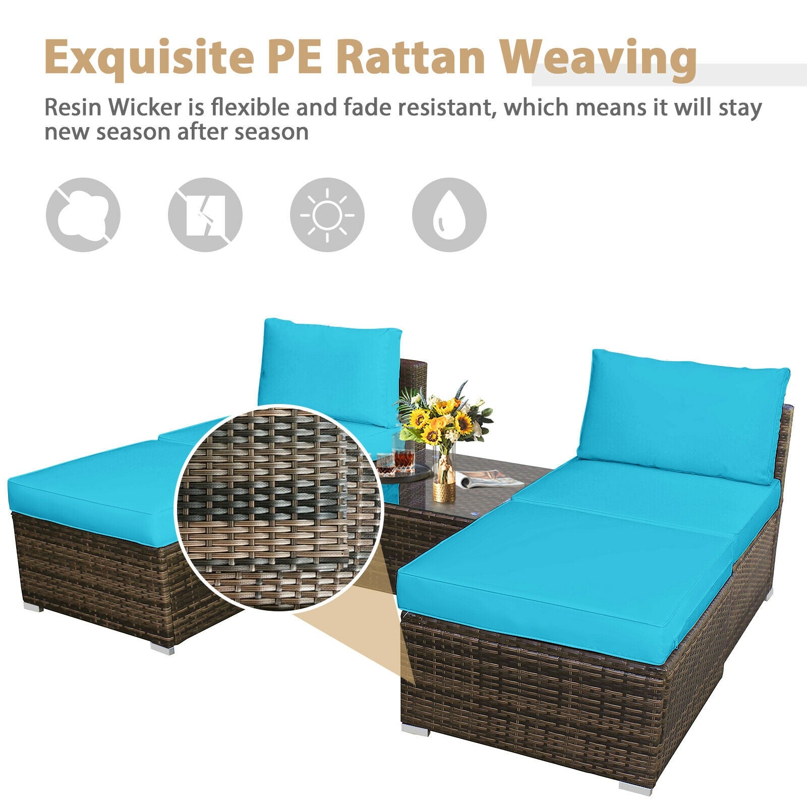5 Pieces Patio Rattan Furniture Set with Cushioned Armless Sofa