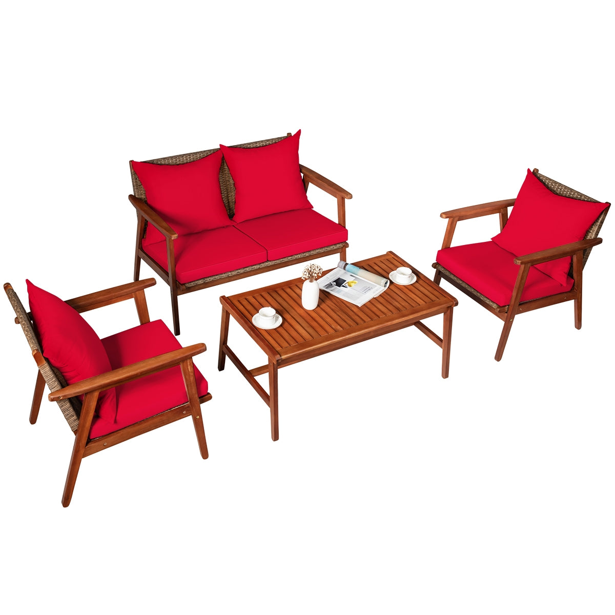 4 Piece Acacia Wood Patio Rattan Furniture Set