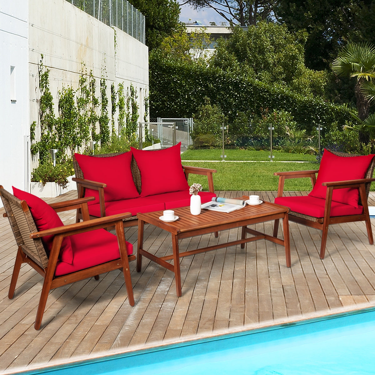 4 Piece Acacia Wood Patio Rattan Furniture Set