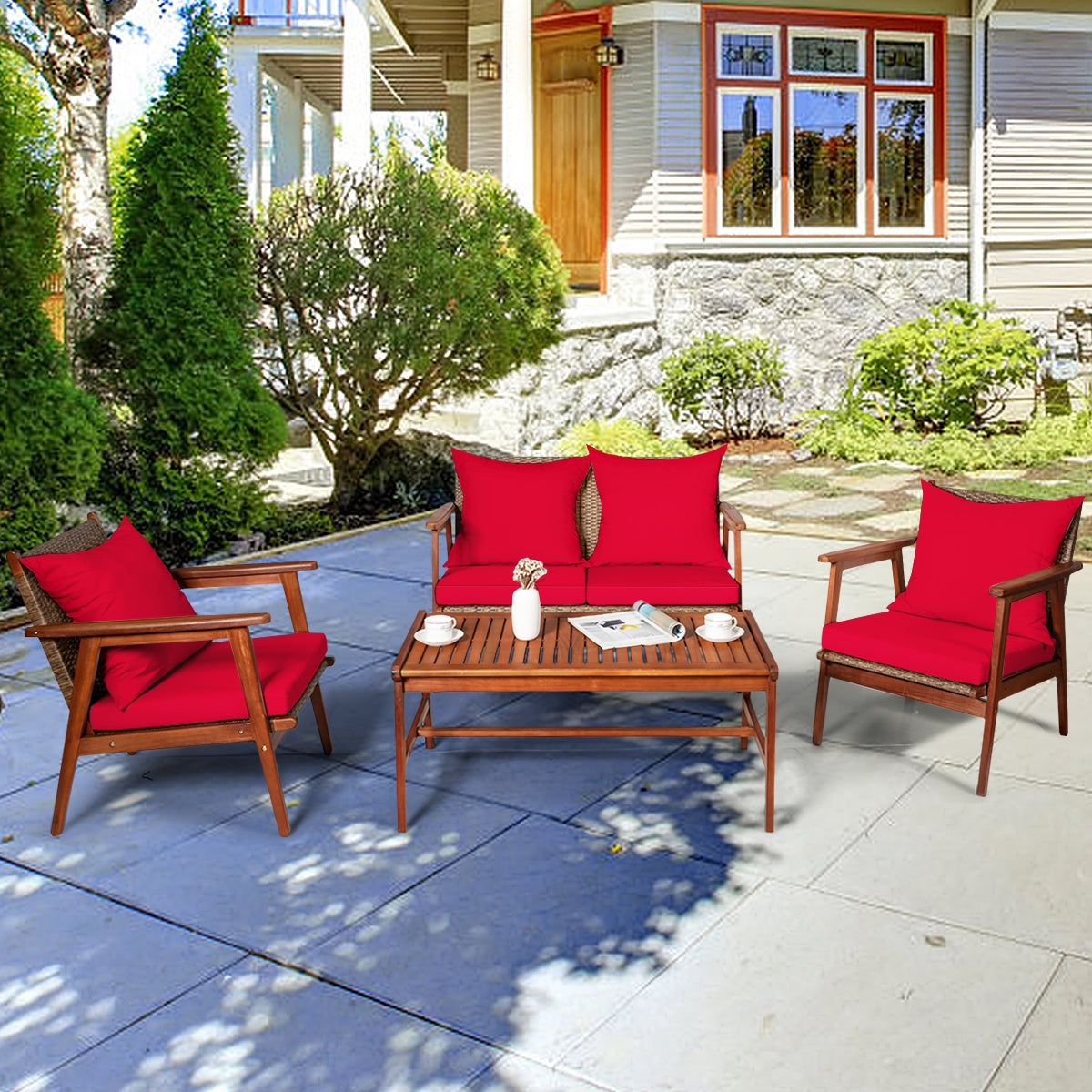 4 Piece Acacia Wood Patio Rattan Furniture Set