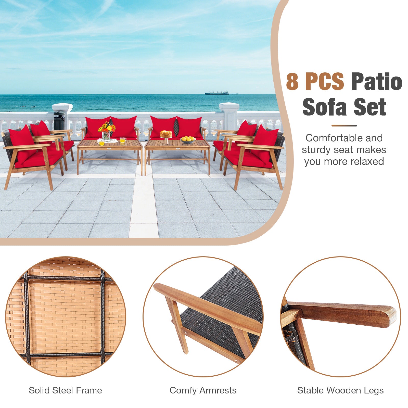4 Piece Acacia Wood Patio Rattan Furniture Set