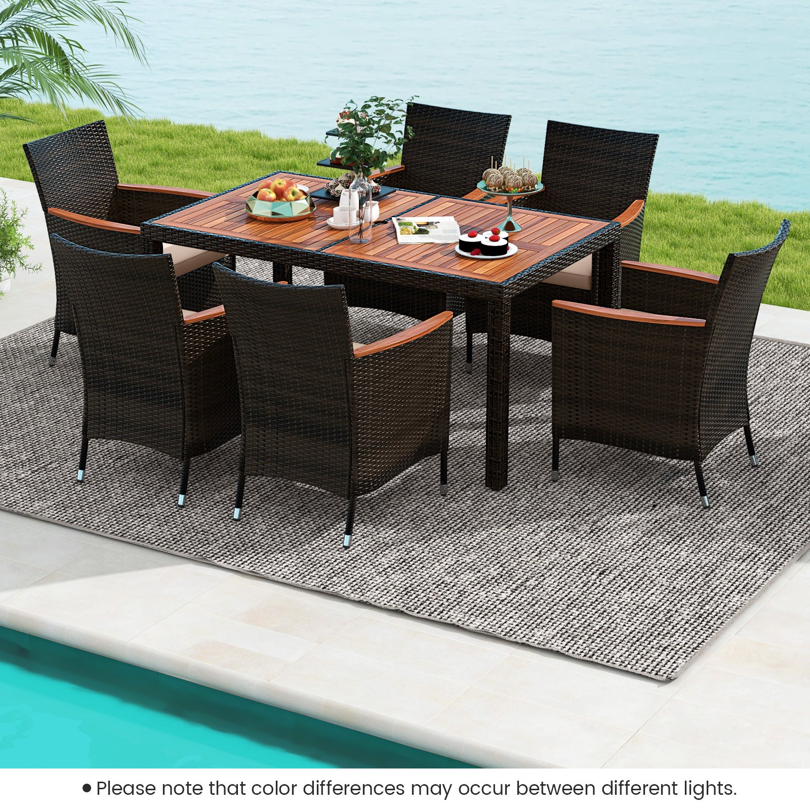 7 Pieces Garden Dining Patio Rattan Set with Cushions for Backyard