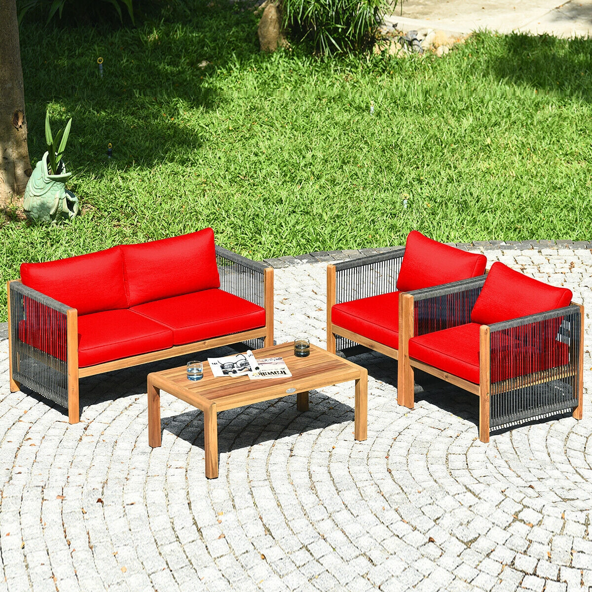 4 Pieces Acacia Wood Outdoor Patio Furniture Set
