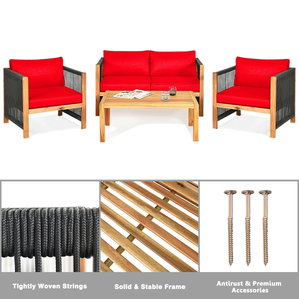 4 Pieces Acacia Wood Outdoor Patio Furniture Set