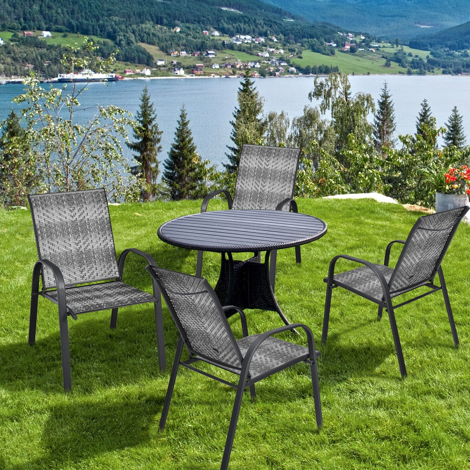 Set of 6 Outdoor PE Wicker Stackable Chairs with Sturdy Steel Frame