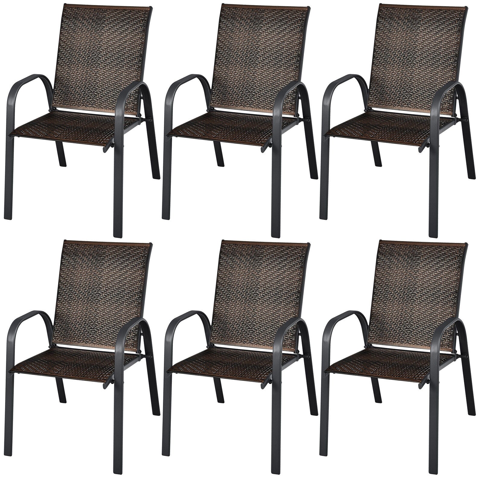 Set of 6 Outdoor PE Wicker Stackable Chairs with Sturdy Steel Frame