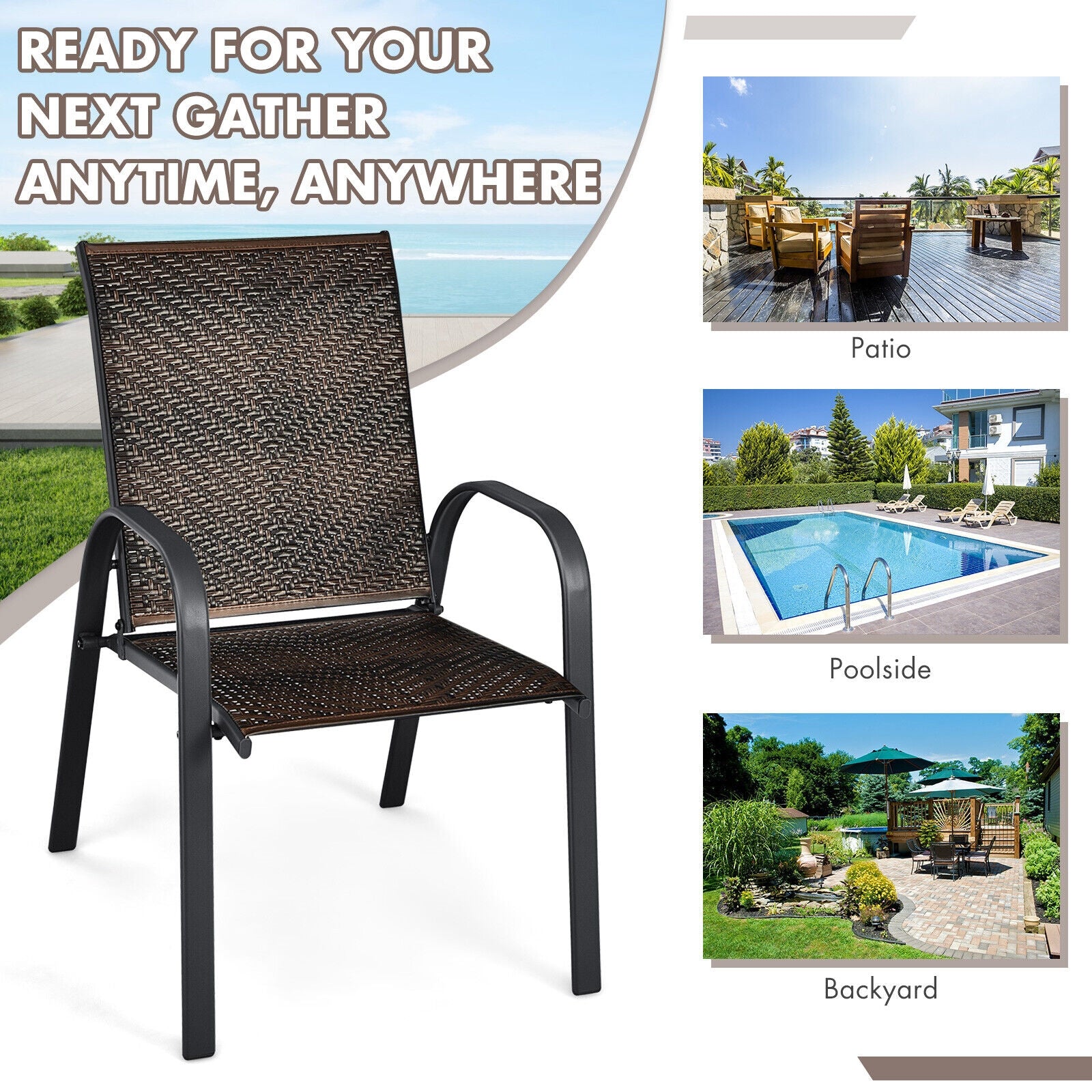 Set of 6 Outdoor PE Wicker Stackable Chairs with Sturdy Steel Frame