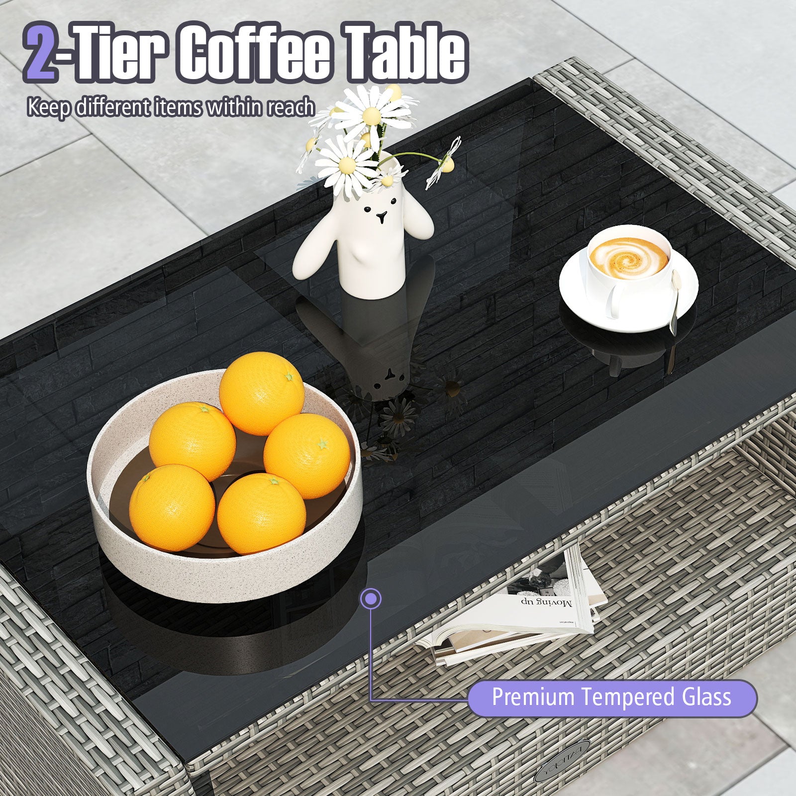 4 Pieces Patio Rattan Furniture Set Sofa Table with Storage Shelf Cushion