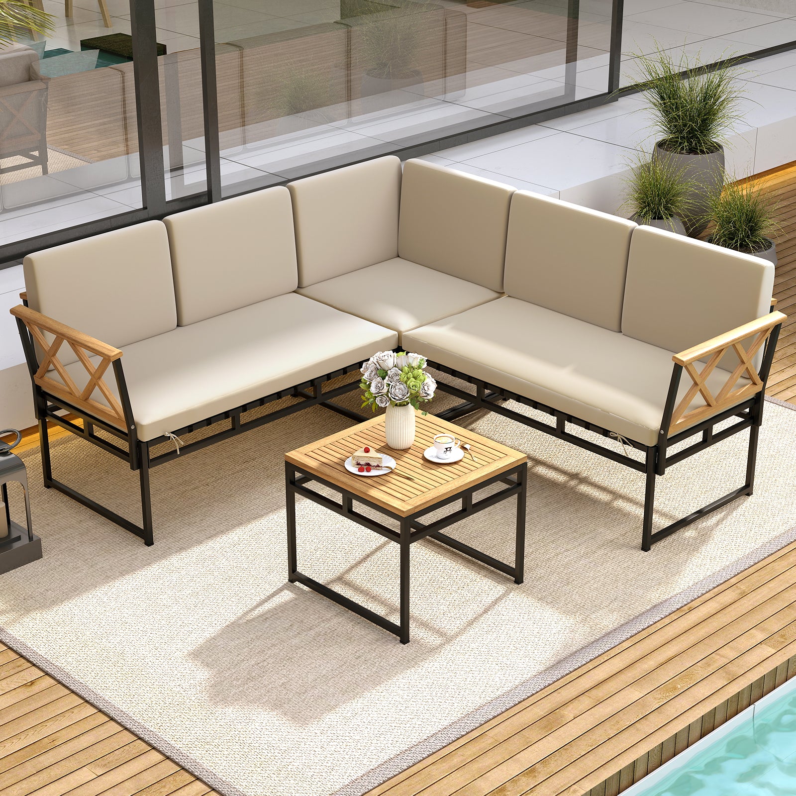 4 Pieces Patio L-Shaped Sofa Set with Cushions and Side Table
