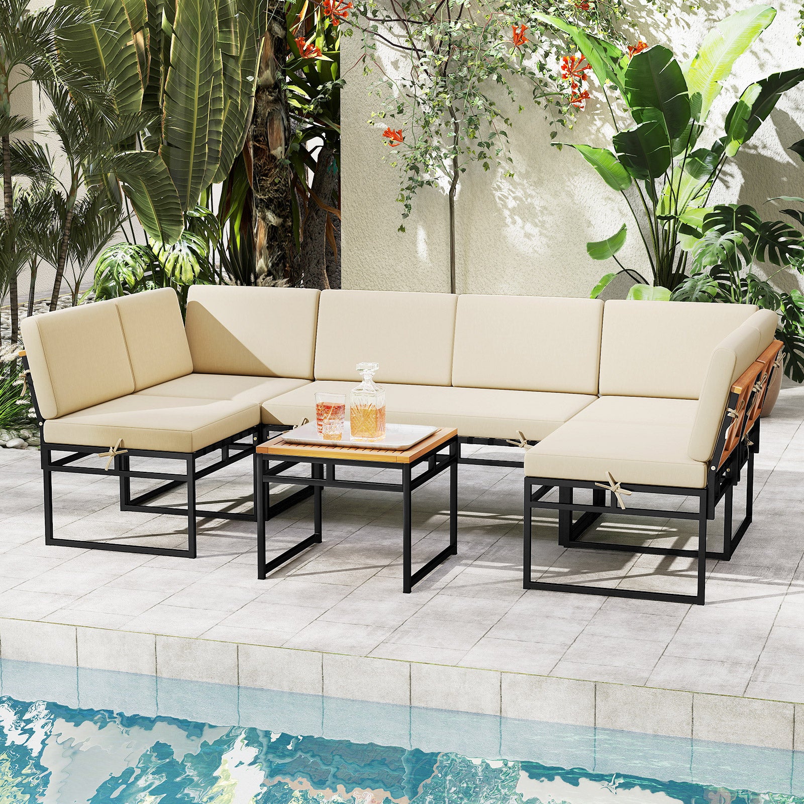 6 Piece Outdoor Sectional Sofa Set Metal Conversation Set with Cushions