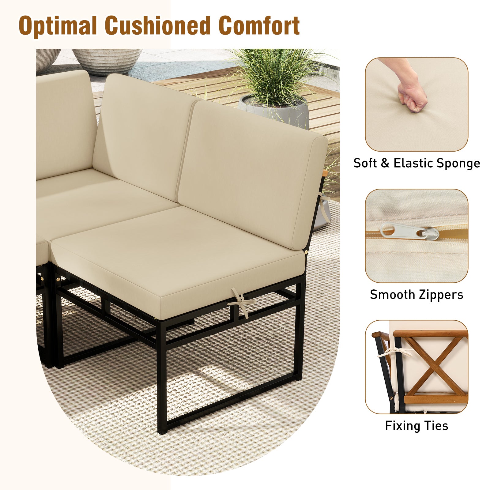 6 Piece Outdoor Sectional Sofa Set Metal Conversation Set with Cushions