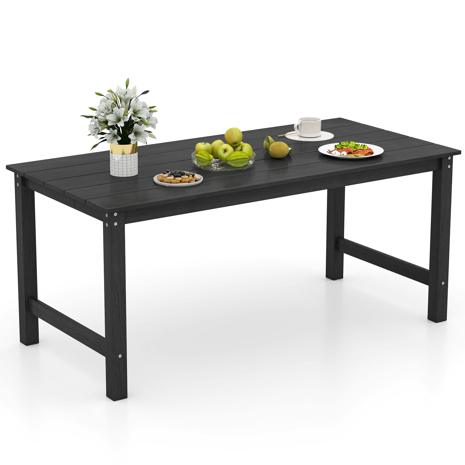 HDPE Outdoor Dining Table for 6 Person with Wood-Like Tabletop and Umbrella Hole