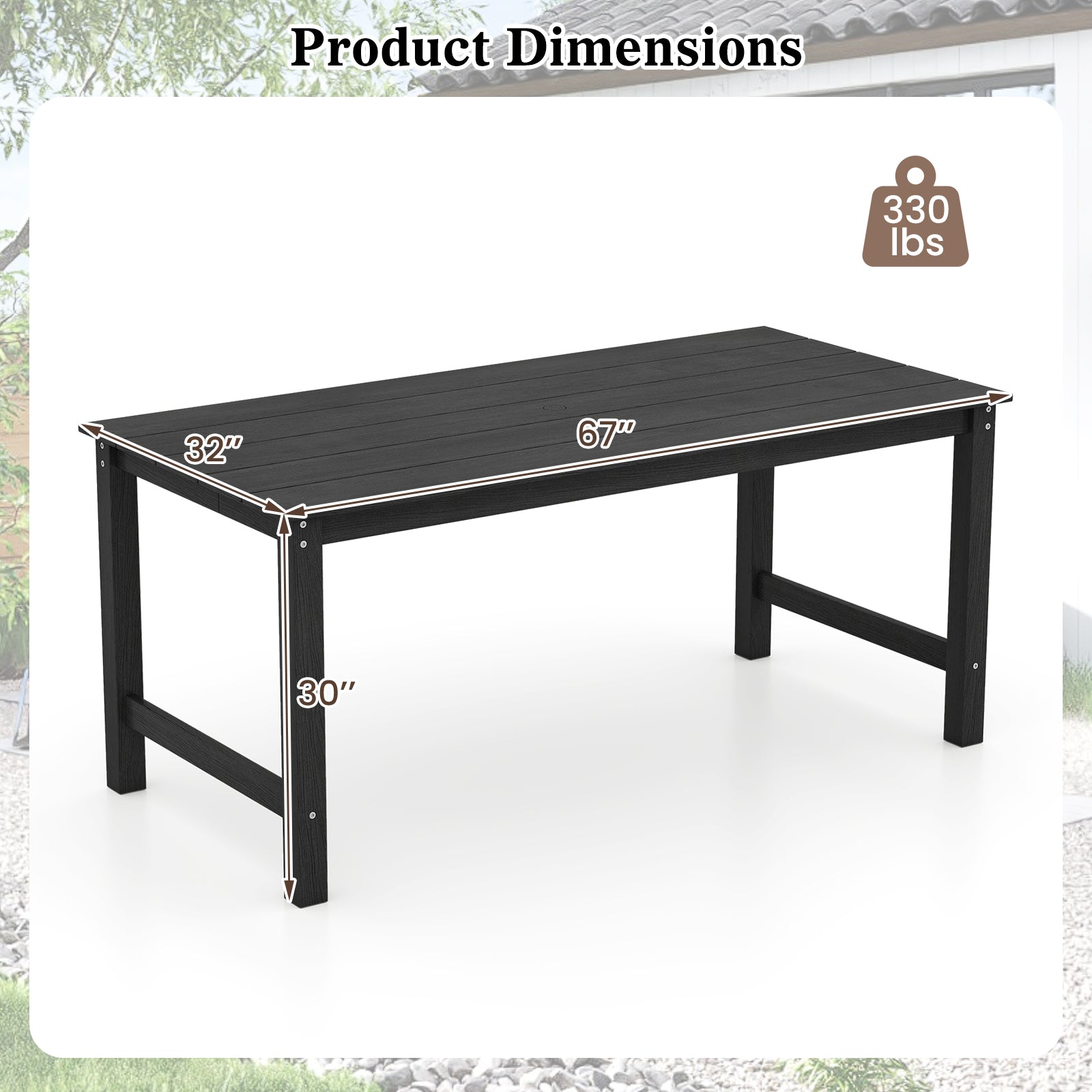 HDPE Outdoor Dining Table for 6 Person with Wood-Like Tabletop and Umbrella Hole