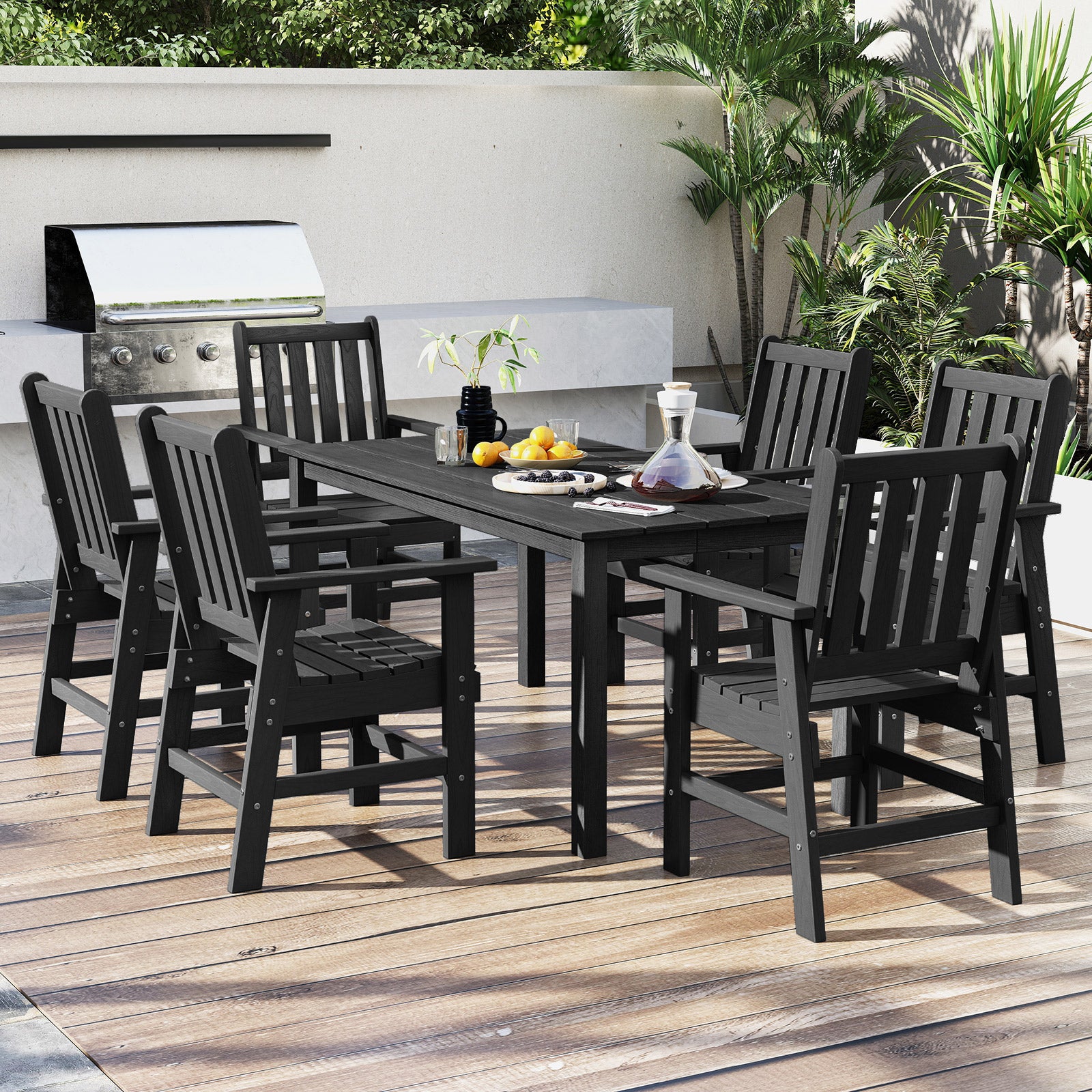 HDPE Outdoor Dining Table for 6 Person with Wood-Like Tabletop and Umbrella Hole
