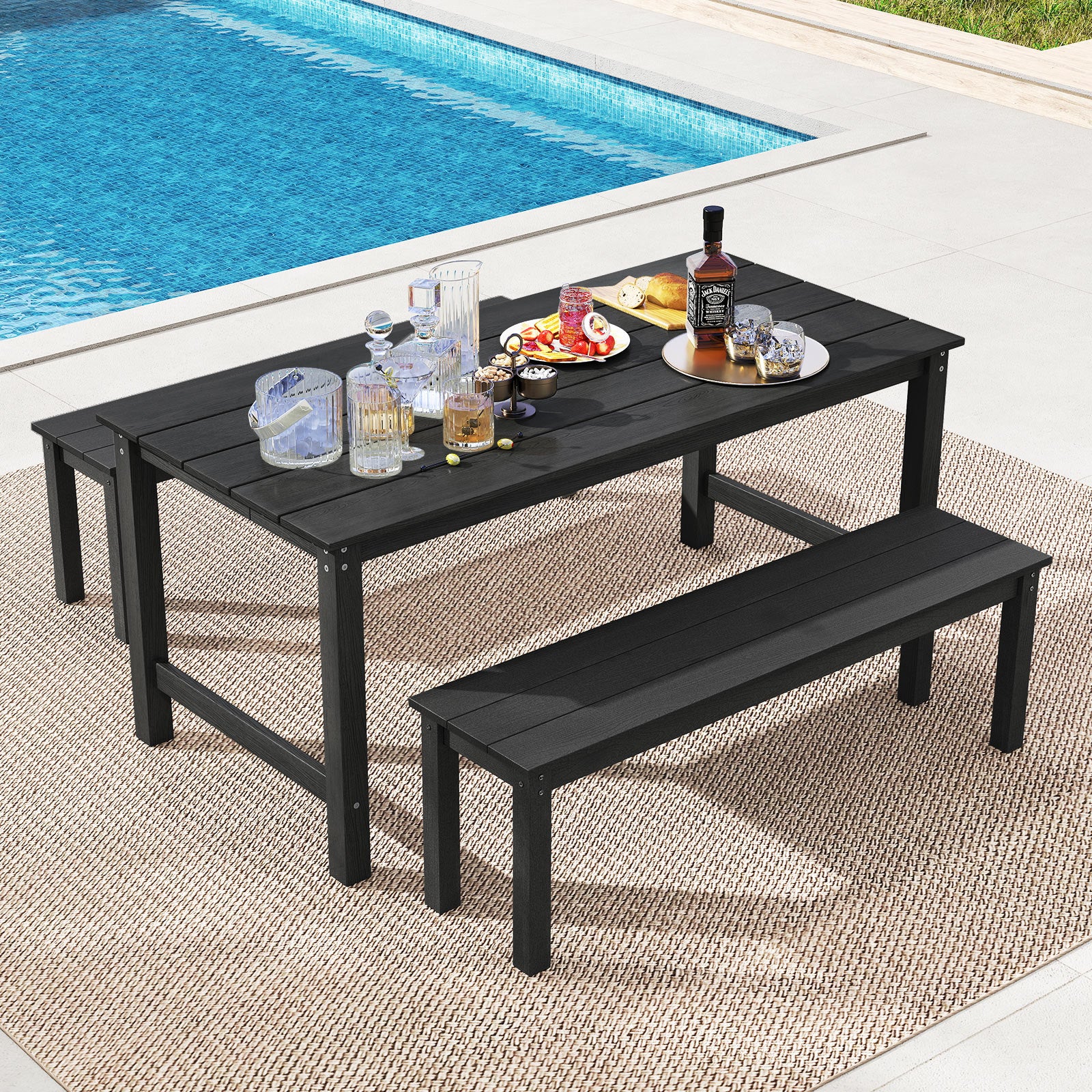 HDPE Outdoor Dining Table for 6 Person with Wood-Like Tabletop and Umbrella Hole