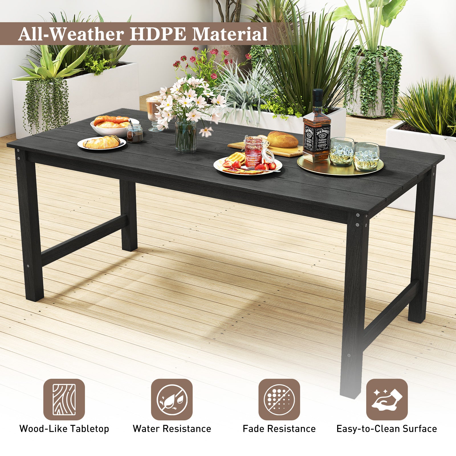 HDPE Outdoor Dining Table for 6 Person with Wood-Like Tabletop and Umbrella Hole