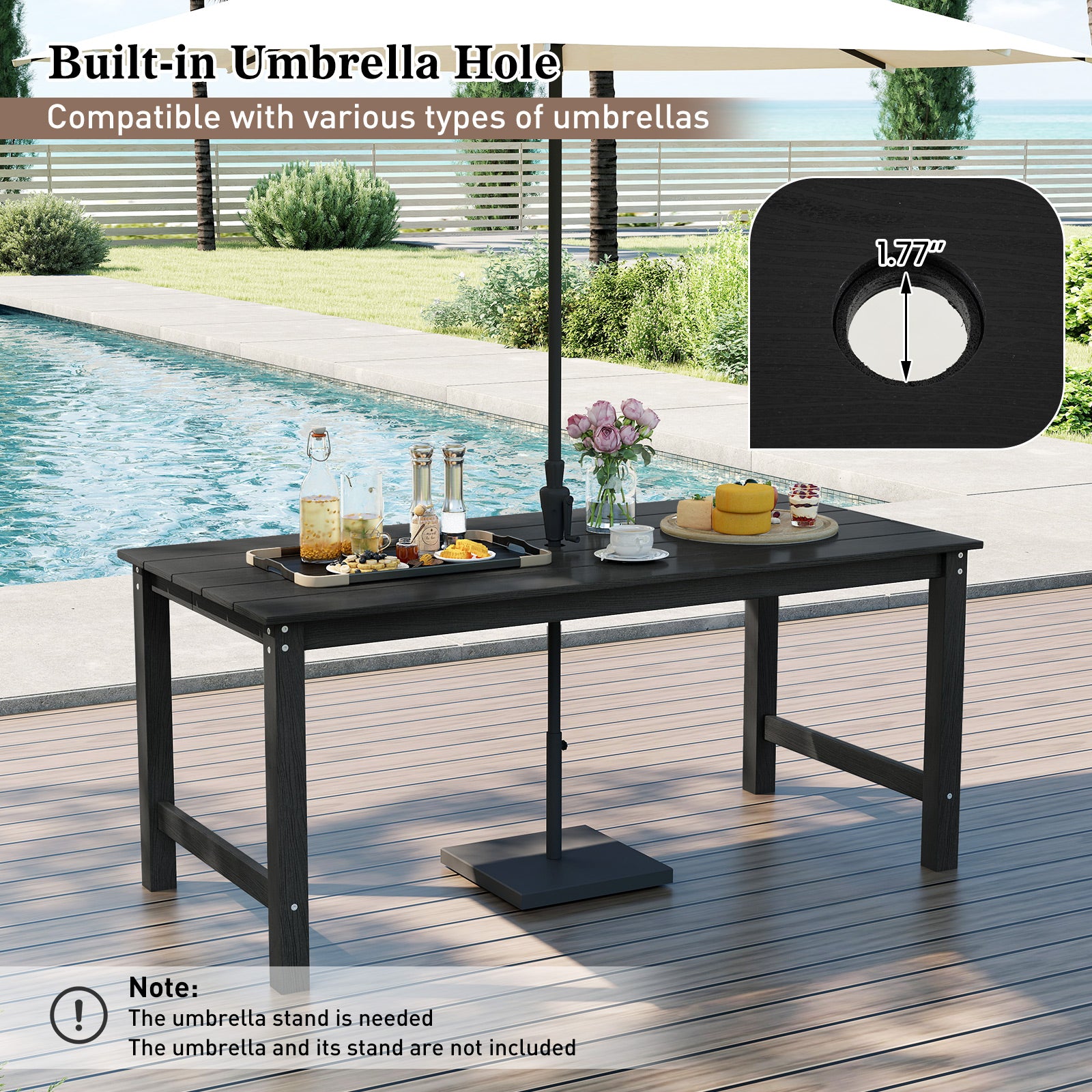 HDPE Outdoor Dining Table for 6 Person with Wood-Like Tabletop and Umbrella Hole