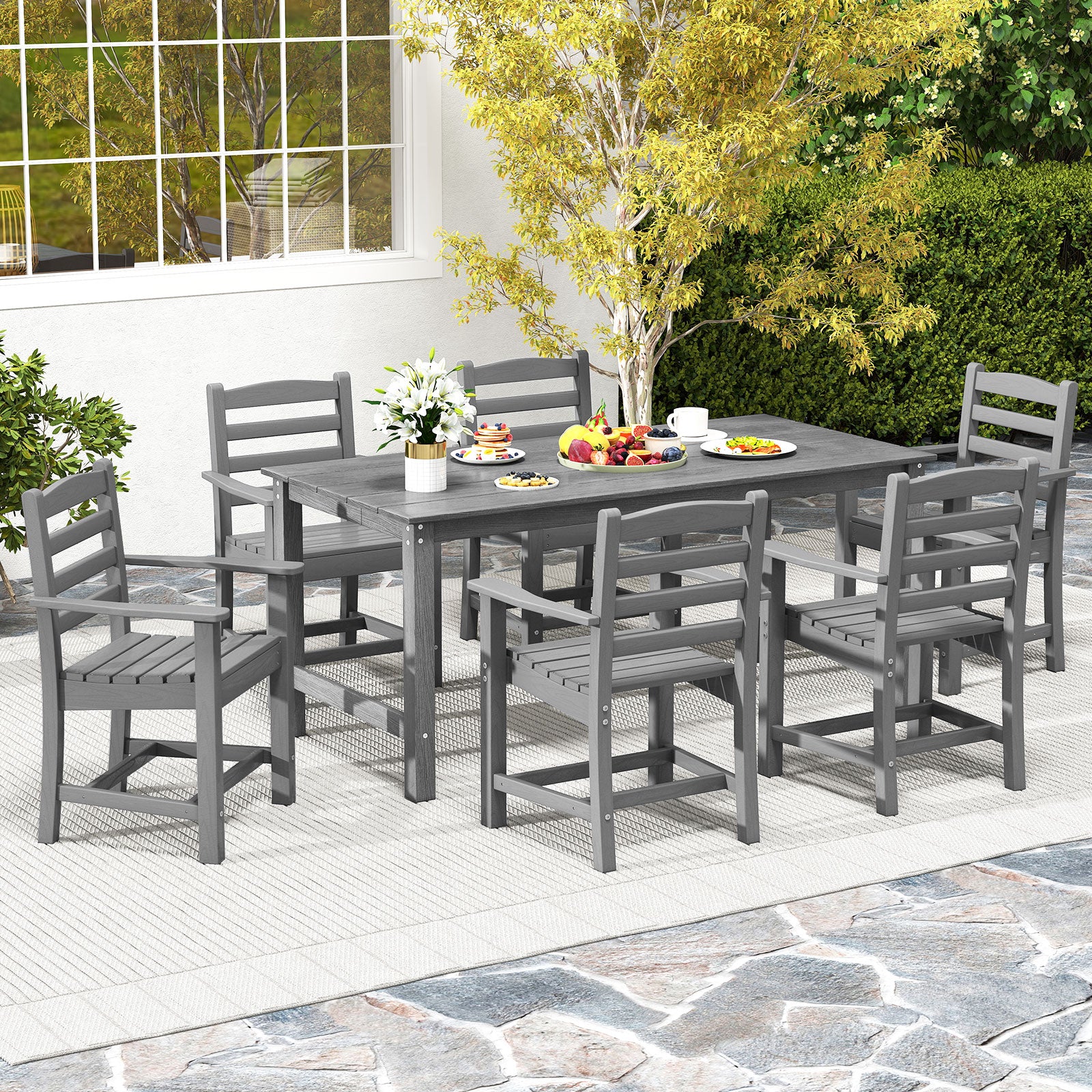 HDPE Outdoor Dining Table for 6 Person with Wood-Like Tabletop and Umbrella Hole