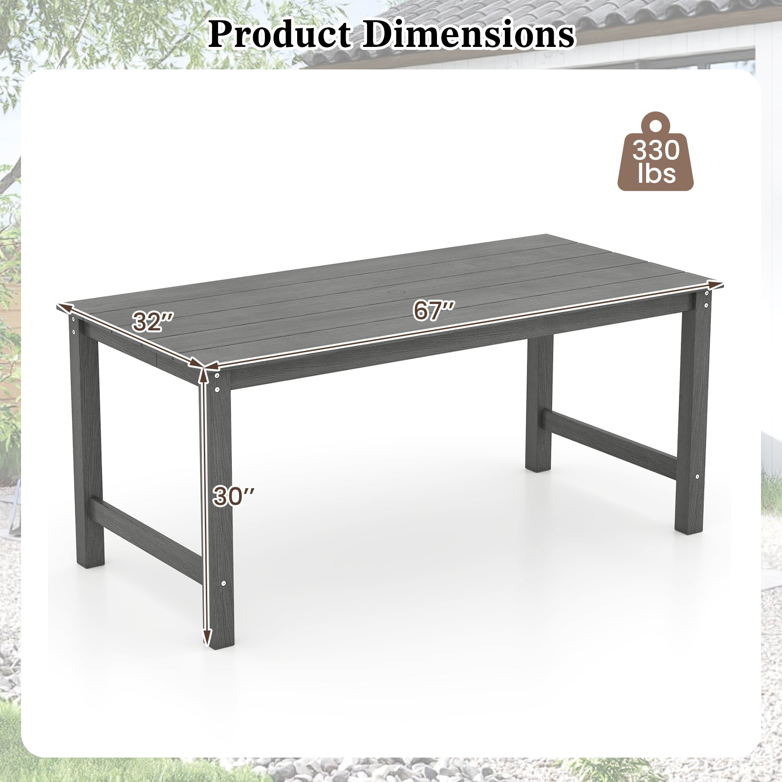 HDPE Outdoor Dining Table for 6 Person with Wood-Like Tabletop and Umbrella Hole